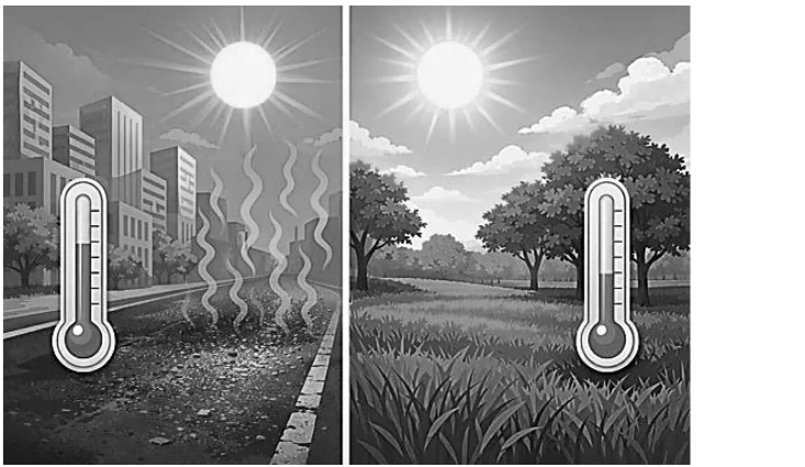 Duas cenas lado a lado com termômetros: uma rua asfaltada entre prédios sob o Sol e um gramado com árvores