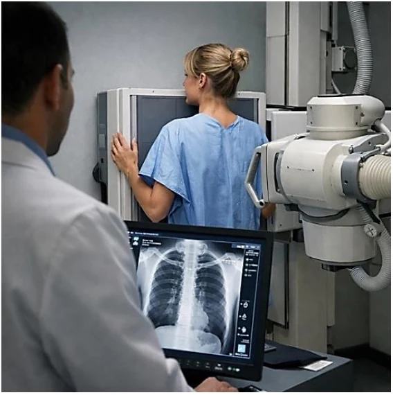 Profissional de saúde diante de uma paciente em equipamento de radiografia, com imagem de tórax no monitor