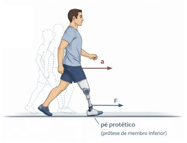 Pessoa caminhando com prótese na perna, com a aceleração a e a força F horizontais indicadas no pé protético