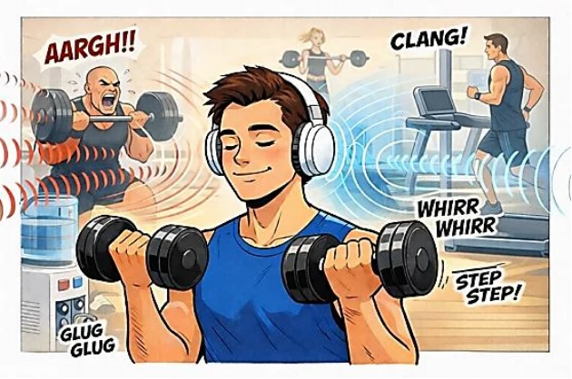 Ilustração de um homem com fones de ouvido levantando halteres em uma academia barulhenta