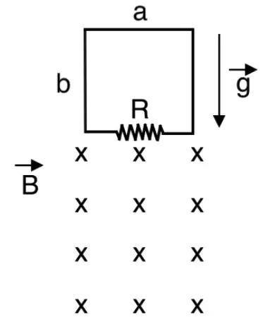 Espira retangular (a=10 cm horizontal, b=20 cm vertical) com resistor R, caindo e entrando em região de campo B