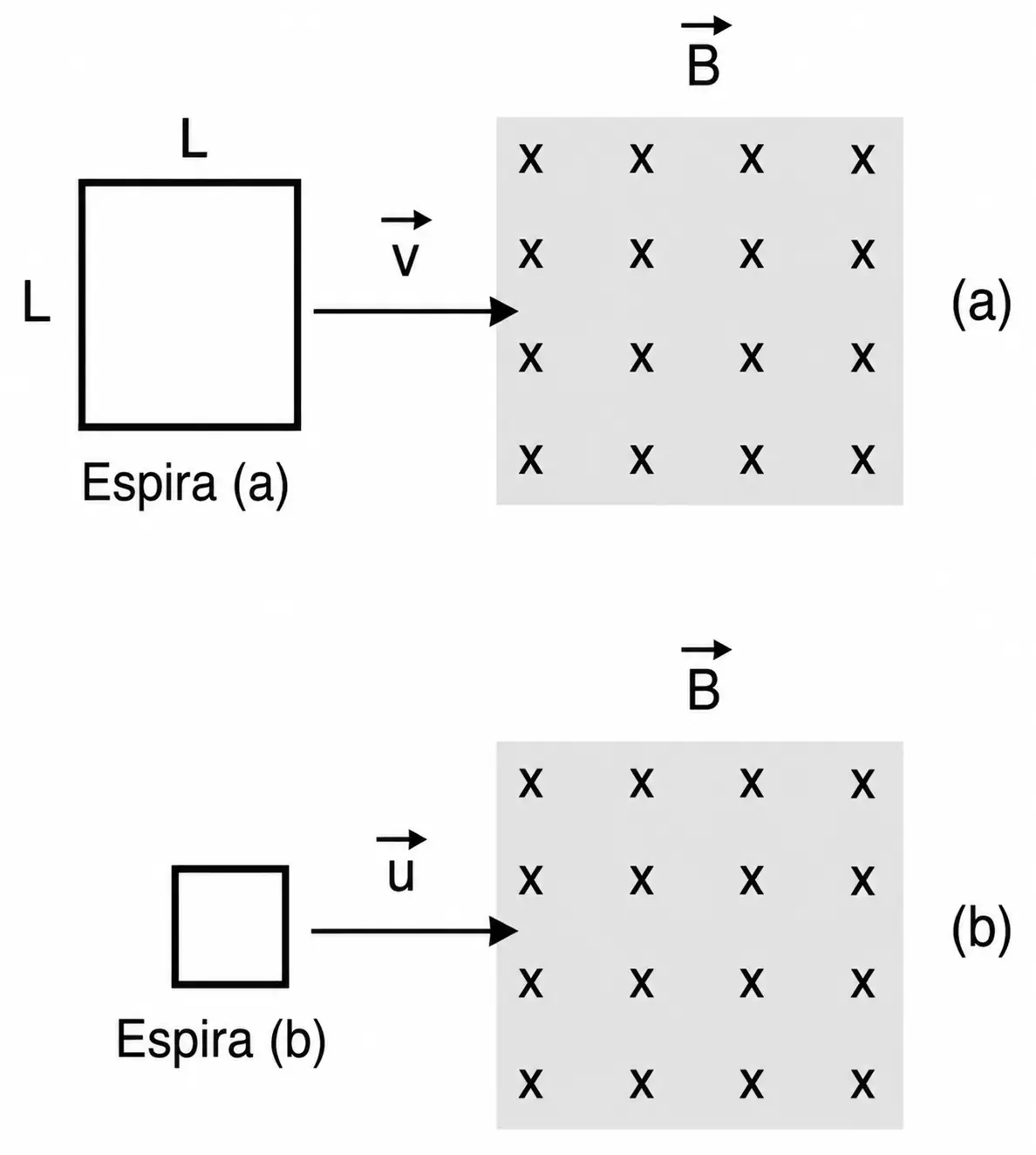 Duas espiras quadradas: (a) de lado L com velocidade v, e (b) de lado menor (25% da área de a) com velocidade u, ambas se aproximando de uma região de campo magnético B entrando no plano do papel