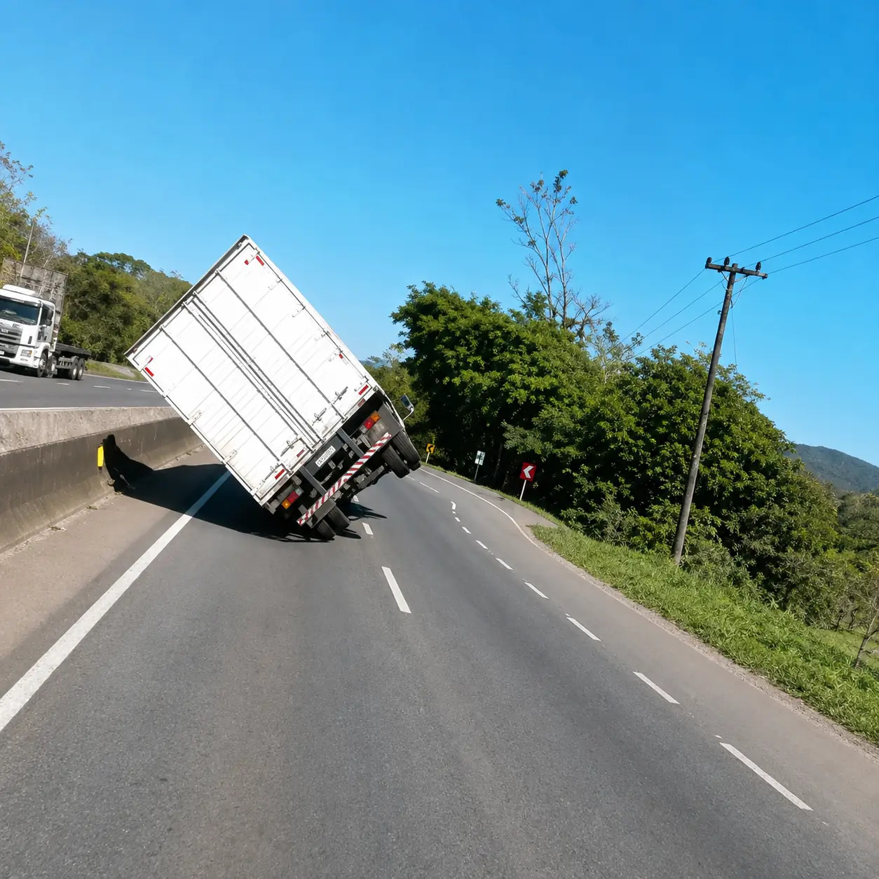 Caminhão baú tombado de lado sobre a pista da rodovia BR-101, em Garuva (SC), após ventos fortes de um ciclone extratropical