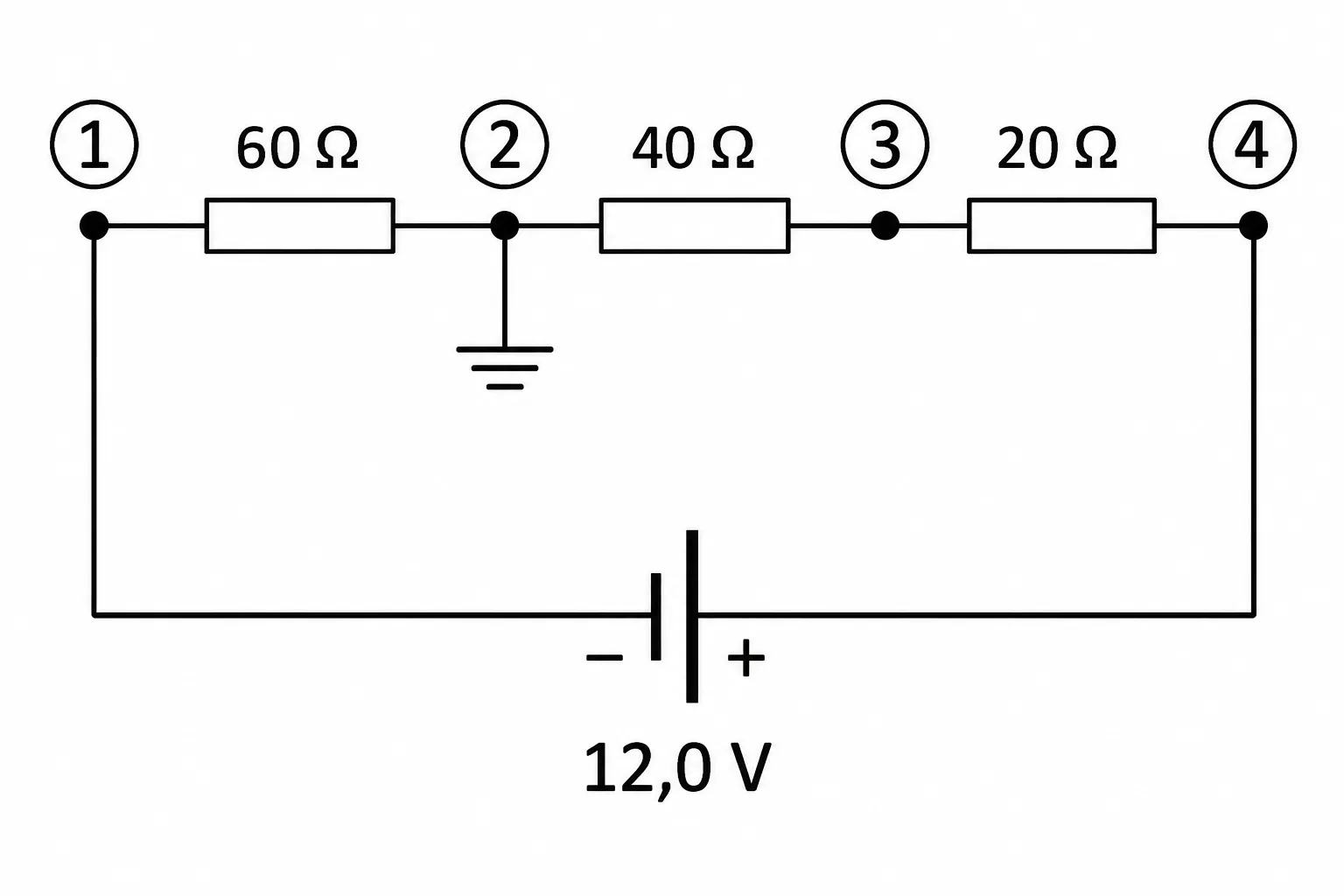 Circuito em malha simples com quatro nós numerados 1 a 4, resistores de 60Ω, 40Ω e 20Ω em série, nó 2 aterrado, e bateria de 12,0V fechando a malha entre os nós 1 e 4