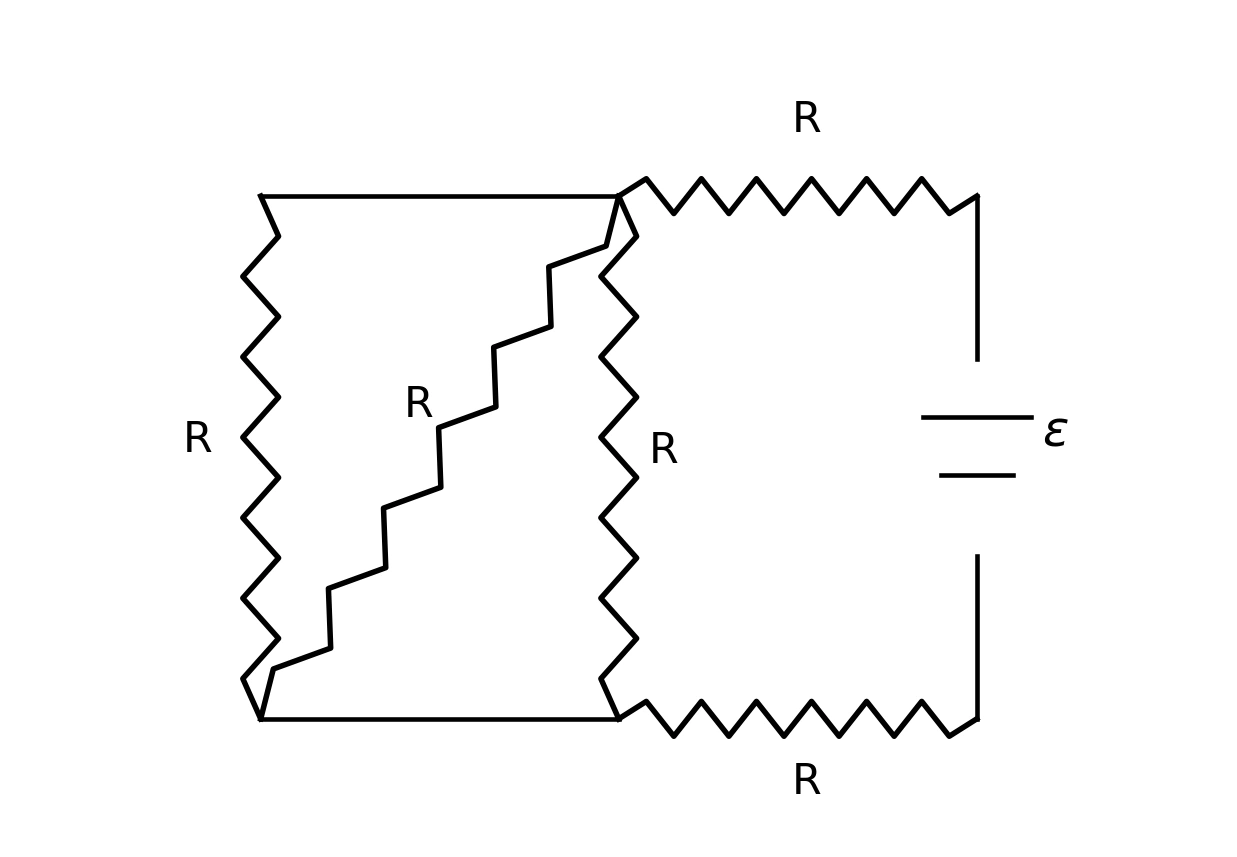 Circuito com bateria ideal e cinco resistores idênticos