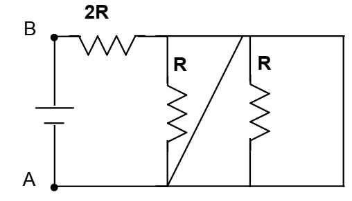 Circuito com resistor 2R em série e dois resistores R curto-circuitados por um fio diagonal