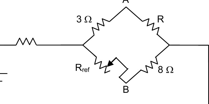 Ponte de Wheatstone com resistores 3 ohms, Rref, R e 8 ohms