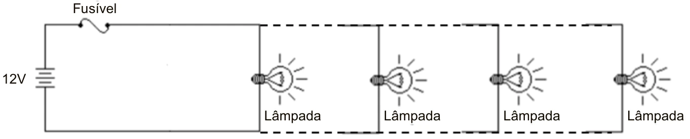 Fonte de 12 V e fusível em série com a associação de lâmpadas em paralelo.