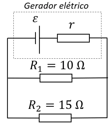 Circuito com gerador (fem e resistência interna r) conectado em paralelo a R1=10 ohms e R2=15 ohms