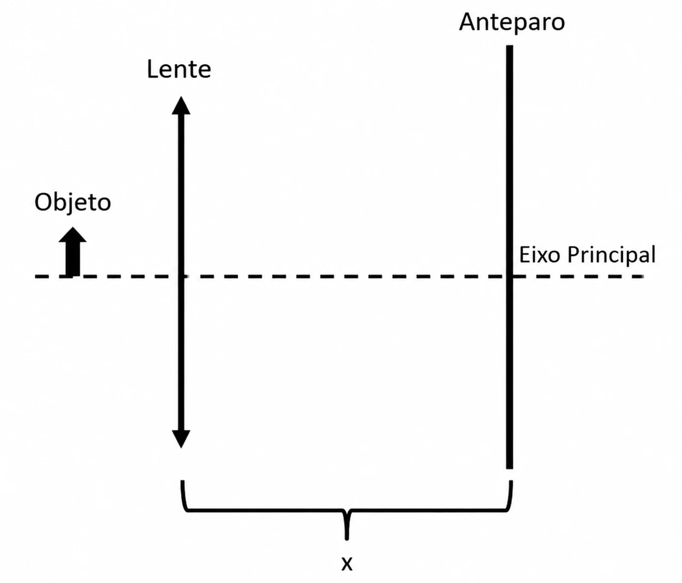 Objeto a 10 cm de uma lente e anteparo à direita; distância total x