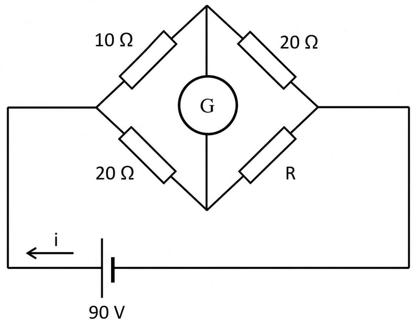 Ponte de Wheatstone com resistores 10 ohms, 20 ohms, 20 ohms e R, galvanômetro central e fonte de 90 V