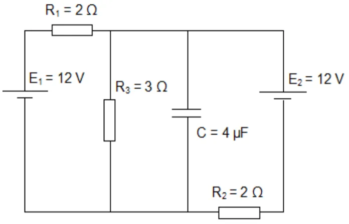 Circuito com duas baterias de 12 V, resistores de 2 ohms, 2 ohms e 3 ohms e capacitor de 4 microfarads
