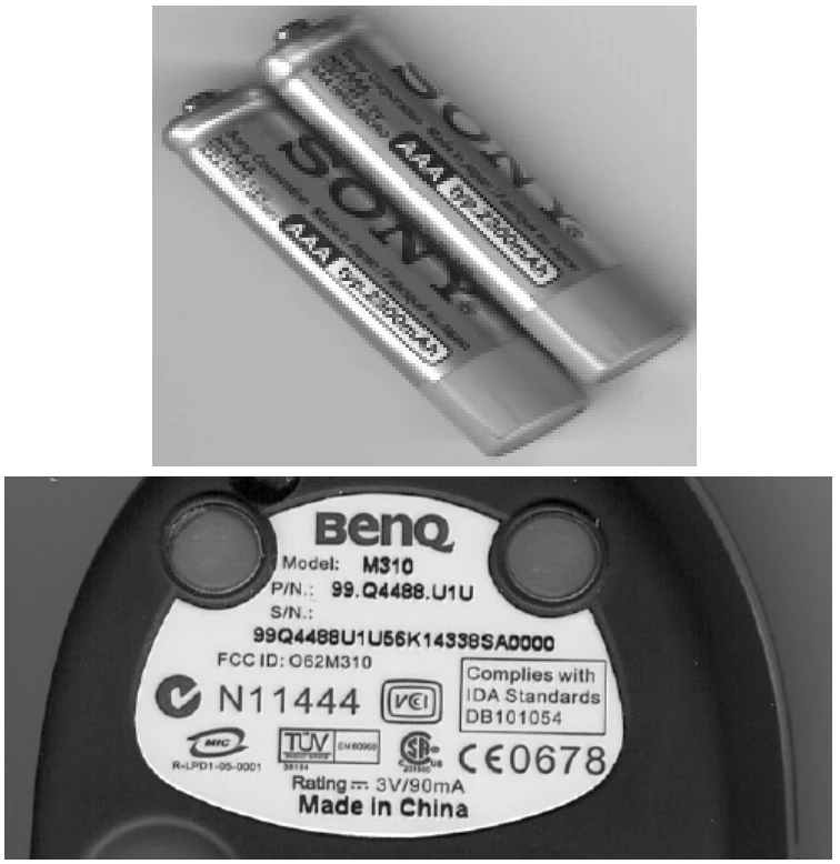Duas baterias recarregáveis Sony e etiqueta de um mouse BenQ