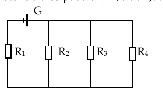 Gerador G em série com R1; depois, R2, R3 e R4 ligados em paralelo entre si.
