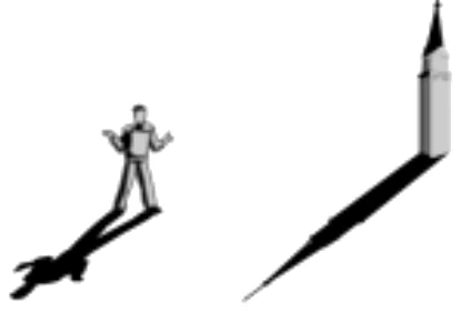 Uma pessoa de pé e uma torre alta, ambas projetando sombras alongadas no chão, na mesma direção.