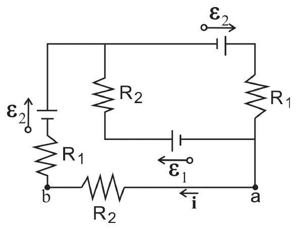 Circuito com três ramos entre o nó superior e o nó a: ramo superior (ε₂ e R₁), ramo central (R₂ e ε₁) e ramo esquerdo (ε₂, R₁ e R₂, onde passa a corrente i entre a e b).