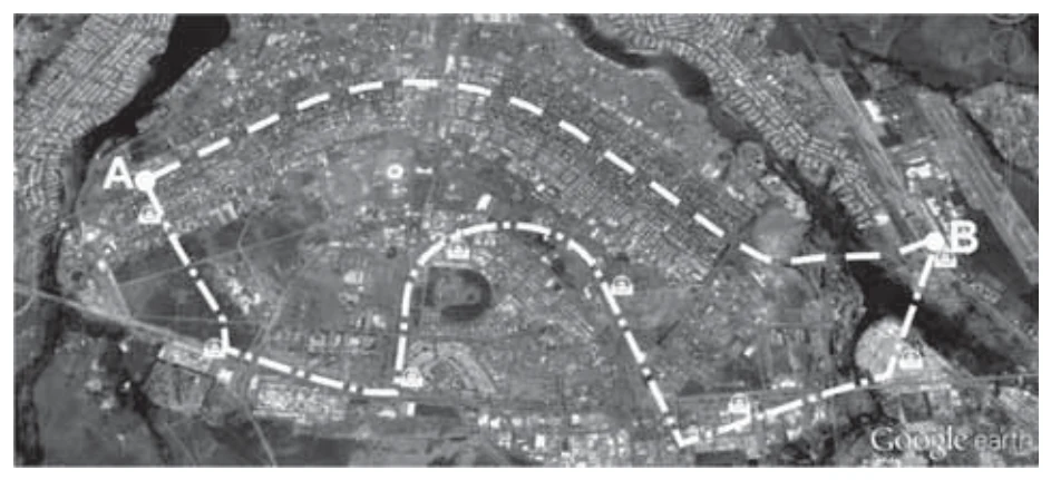 Vista aérea da região central de Brasília, com os pontos A e B, o percurso de carro (tracejado) e o do metrô (ponto-tracejado).