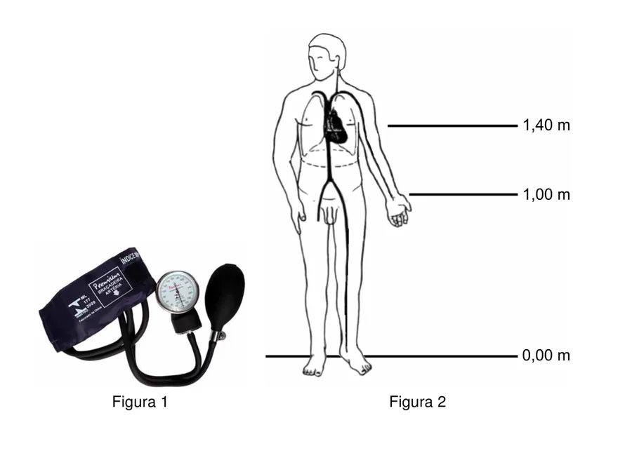 Figura 1: esfigmomanômetro (manguito, manômetro e pera). Figura 2: corpo humano em pé com marcas de altura: 1,40 m (coração), 1,00 m (punho) e 0,00 m (chão).