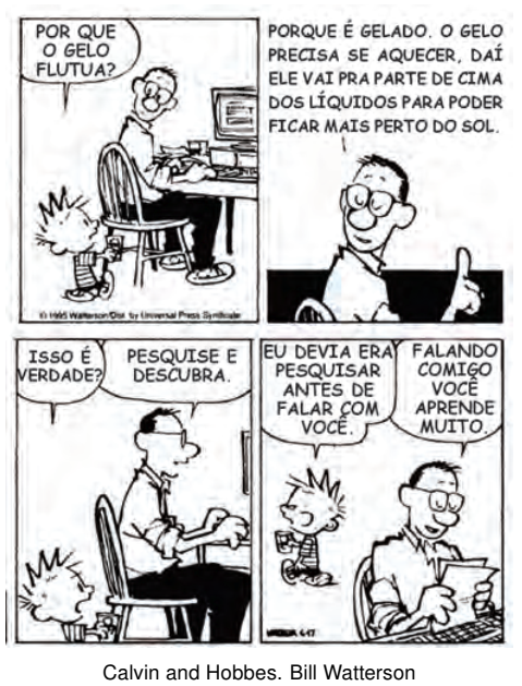 Tirinha de Calvin e seu pai discutindo por que o gelo flutua na água.