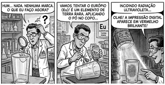Tirinha: material contendo európio revela impressão digital em vermelho após iluminação ultravioleta.