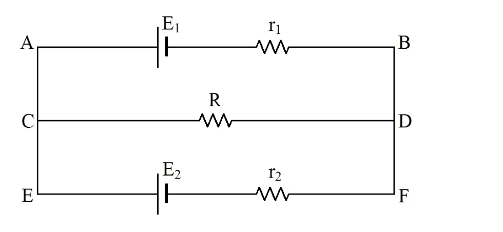 Circuito elétrico com duas fontes, resistências internas e resistor central, UEM Inverno 2019 Q30