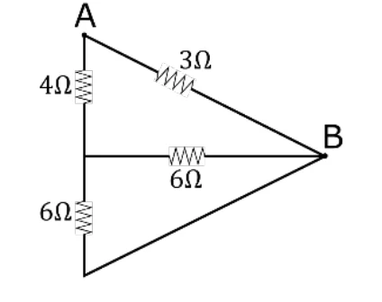 Circuito entre os terminais A e B: resistor de 3 Ω entre A e B; resistor de 4 Ω de A até um nó; do nó, um resistor de 6 Ω até B e outro de 6 Ω pela parte inferior até B