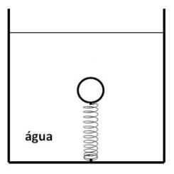 Esfera totalmente imersa em água, presa pela parte inferior a uma mola vertical fixada no fundo.