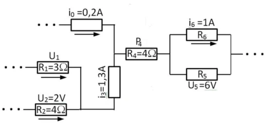 Ramo de 0,2 A chega ao nó superior. R1=3 Ω, R2=4 Ω com U2=2 V, corrente ascendente de 1,3 A; R4=4 Ω em série com R5 e R6 em paralelo, U5=6 V e i6=1 A.