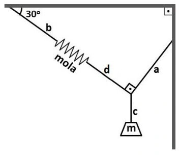 Corpo de massa m preso à corda c; corda d e mola fazem 30° com a horizontal, e cordas a e d são perpendiculares.