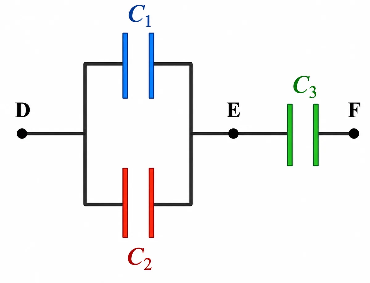 Configuração de capacitores C1 e C2 em paralelo entre D e E, e C3 em série entre E e F