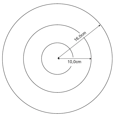 Círculos concêntricos na superfície da água, com centro no ponto de queda dos pingos. Há cotas indicando raios de 10,0 cm (círculo intermediário) e 16,0 cm (círculo externo).