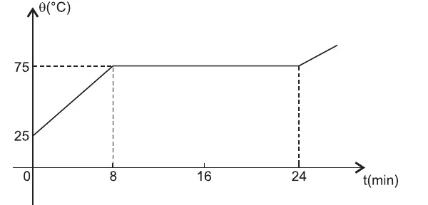Gráfico temperatura × tempo: de 25 °C a 75 °C em 8 min, patamar em 75 °C de 8 a 24 min e depois nova elevação de temperatura.