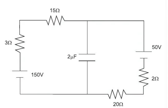 Circuito com dois ramos de baterias com polos positivos voltados para o nó superior: à esquerda, 150 V em série com 3 Ω e 15 Ω; à direita, 50 V em série com 2 Ω e 20 Ω; entre os nós superior e inferior, um capacitor de 2 μF.