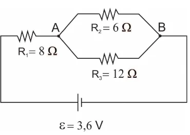 Circuito com uma fonte de 3,6 V em série com R1 = 8 Ω e com o paralelo entre R2 = 6 Ω e R3 = 12 Ω, entre os pontos A e B.