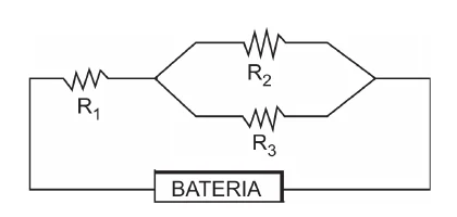 Circuito com a bateria em série com R1 e com uma associação em paralelo de R2 e R3.