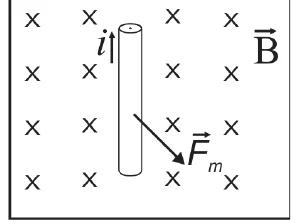 Alternativa E: condutor retilíneo com corrente i em um campo magnético B uniforme e a força magnética F desenhada