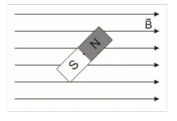 Alternativa B: ímã com polos N e S em uma região de linhas de campo magnético horizontais, apontando para a direita