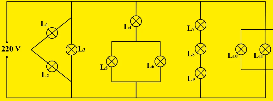 Circuito de 220 V com 12 lâmpadas: L1 e L2 em série entre si e em paralelo com L3; L4 em série com L5 e L6 em paralelo; L7, L8 e L9 em série; L10, L11 e L12 em paralelo entre si.