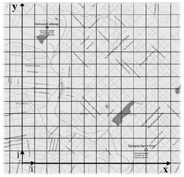 Mapa de Guarapuava com malha quadriculada e eixos x e y, indicando os campi Cedeteg (parte superior esquerda) e Santa Cruz (parte inferior direita).