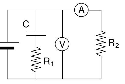 Circuito com a bateria ε à esquerda e três ramos em paralelo: capacitor C em série com R1; voltímetro V; e amperímetro A em série com R2.