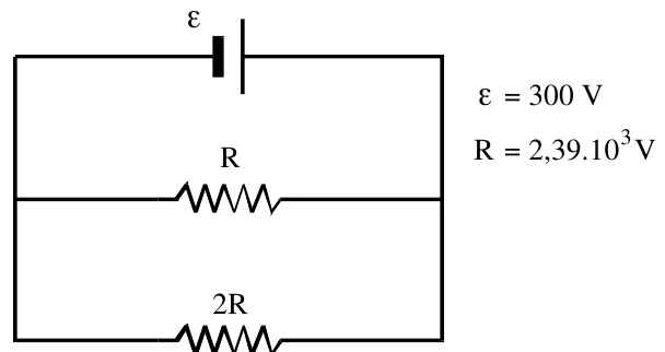 Circuito: bateria de fem ε em paralelo com dois resistores, R e 2R, cada um ligado diretamente aos terminais da bateria. À direita: ε = 300 V e R = 2,39·10³ V (a unidade está impressa como V).