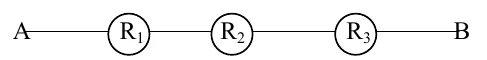 Três lâmpadas, R1, R2 e R3, ligadas em série entre os pontos A (esquerda) e B (direita).