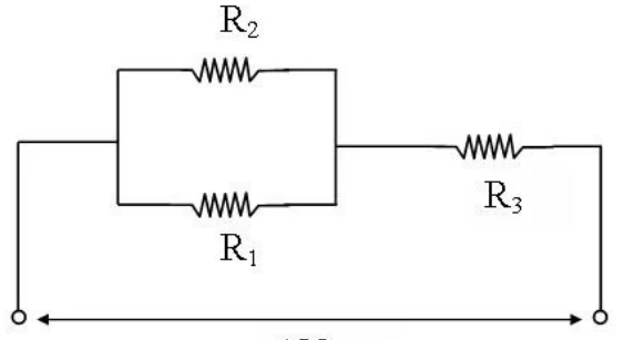 R1 e R2 em paralelo, ligados em série com R3; a diferença de potencial ΔV é aplicada a todo o conjunto.