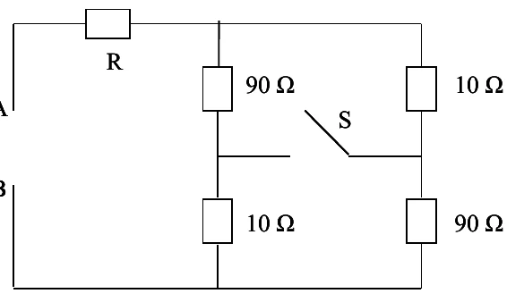 Circuito: o resistor R em série com dois ramos em paralelo. Ramo da esquerda: 90 Ω em série com 10 Ω. Ramo da direita: 10 Ω em série com 90 Ω. O interruptor S liga o ponto entre os resistores do ramo esquerdo ao ponto entre os resistores do ramo direito.