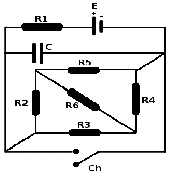 Circuito: a fonte E em série com R1 num ramo; o capacitor C ligando o fio da esquerda ao da direita; um arranjo de resistores R2, R3, R4, R5 e R6 (R6 na diagonal) entre os mesmos nós; e a chave Ch na parte inferior, ligando o fio da esquerda ao da direita.