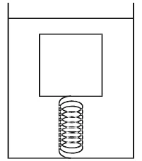Recipiente com água. Um cubo está totalmente submerso e preso ao fundo por uma mola que se estende entre a base do cubo e o fundo do recipiente.