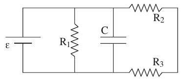 Circuito com bateria ε à esquerda; em paralelo com ela, o resistor R1, o capacitor C e, por fim, um ramo com R2 (em cima) e R3 (embaixo) em série.