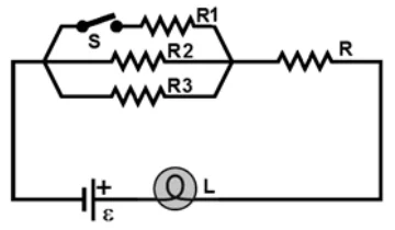 Circuito: bateria e lâmpada L em série com um resistor R e com um bloco em paralelo formado por R1 (em série com a chave S), R2 e R3.