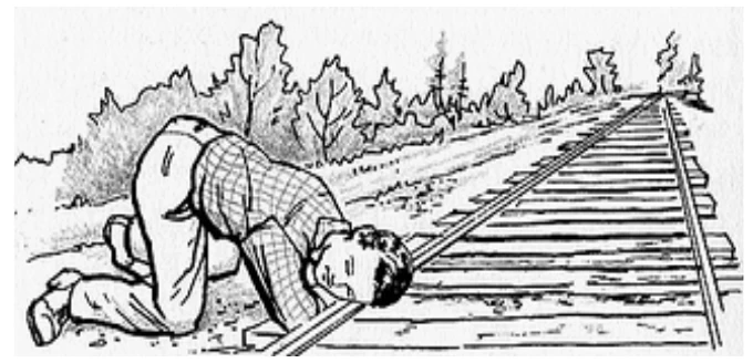 Ilustração em preto e branco de um homem ajoelhado com o ouvido encostado no trilho de uma ferrovia que segue em direção ao horizonte.