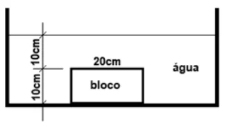 Recipiente com água; o bloco, com 20 cm de largura e 10 cm de altura, apoiado no fundo, com 10 cm de água acima de sua face superior.